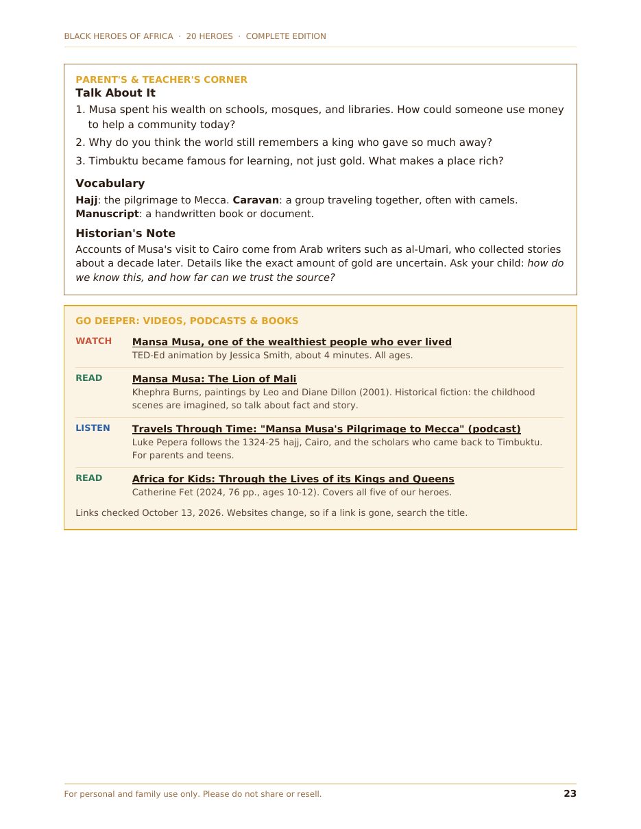 Sample Parent's and Teacher's Corner page with discussion questions